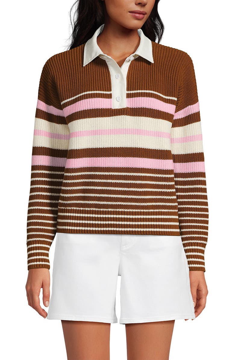 Lands' End Drifter Rugby with Woven Collar Sweater, Alternate, color, Rich Ginger Multi Stripes