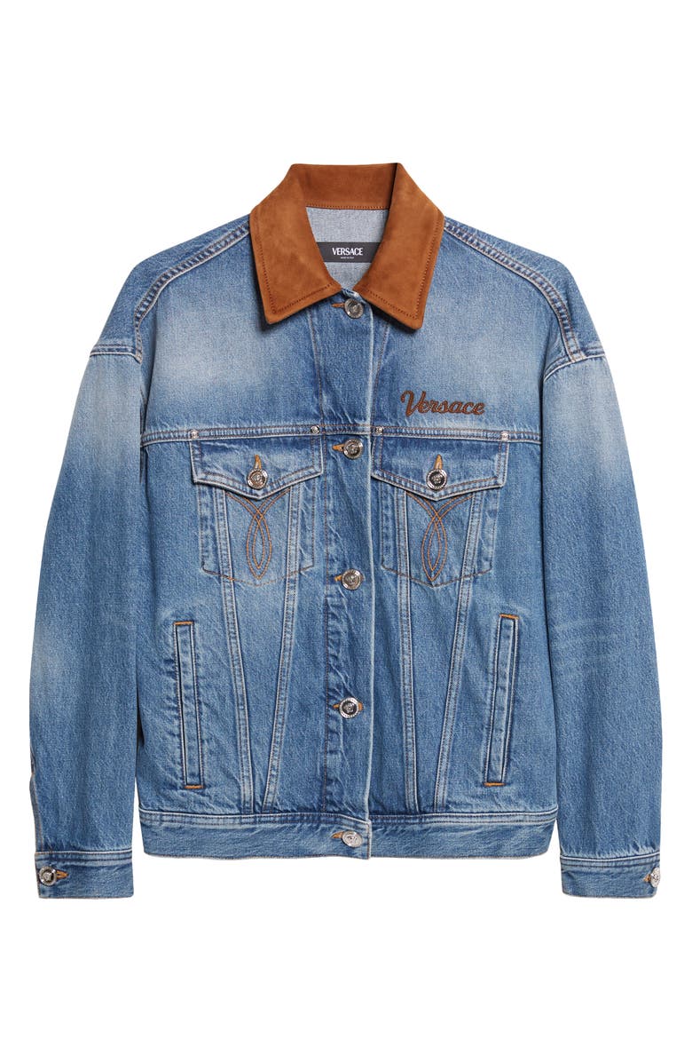 Versace Suede Trim Stonewash Denim Trucker Jacket, Main, color, Medium Blue