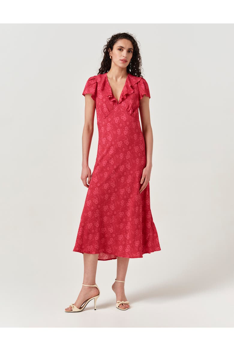 Kimmy Floral Frill Neck Crepe Midi Dress, Main, color, Pink Dotty Floral