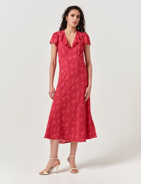 Kimmy Floral Frill Neck Crepe Midi Dress