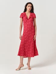 Ghost London Kimmy Floral Frill Neck Crepe Midi Dress