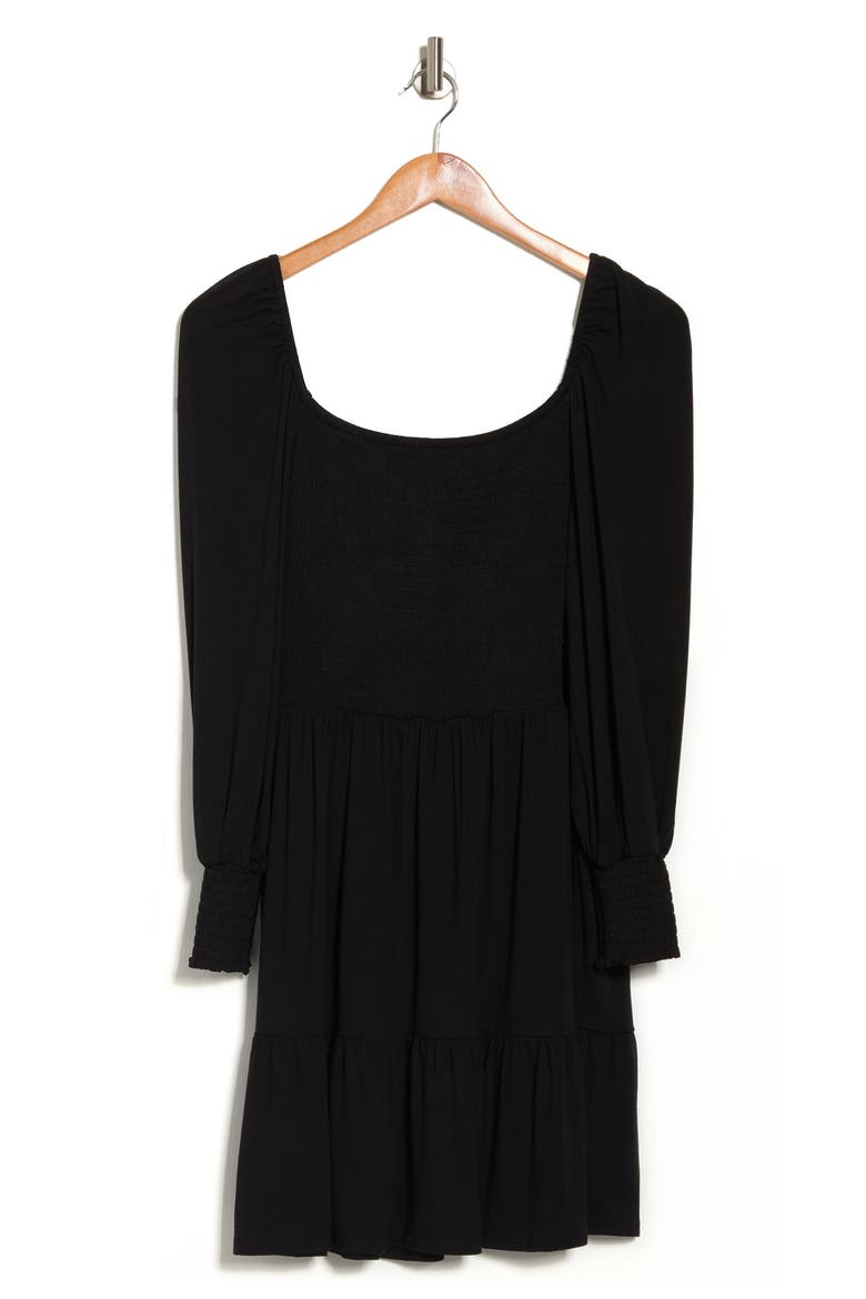 Let's Go Smock Bodice Long Sleeve Minidress, Alternate, color, BLACK