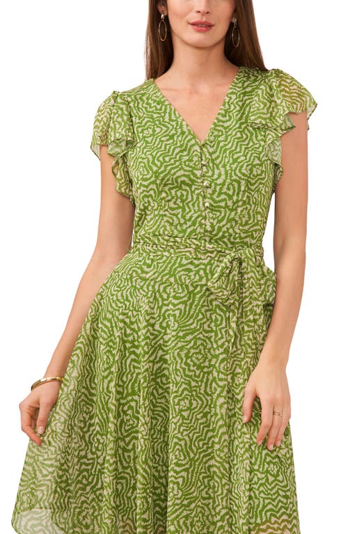 Vince Camuto Maze Print Flutter Sleeve Asymmetric Hem Midi Dress In Green