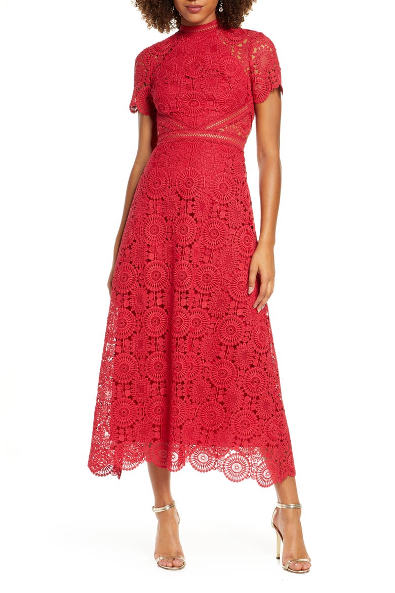 Lace Midi Cocktail Dress, Main, color, LIPSTICK