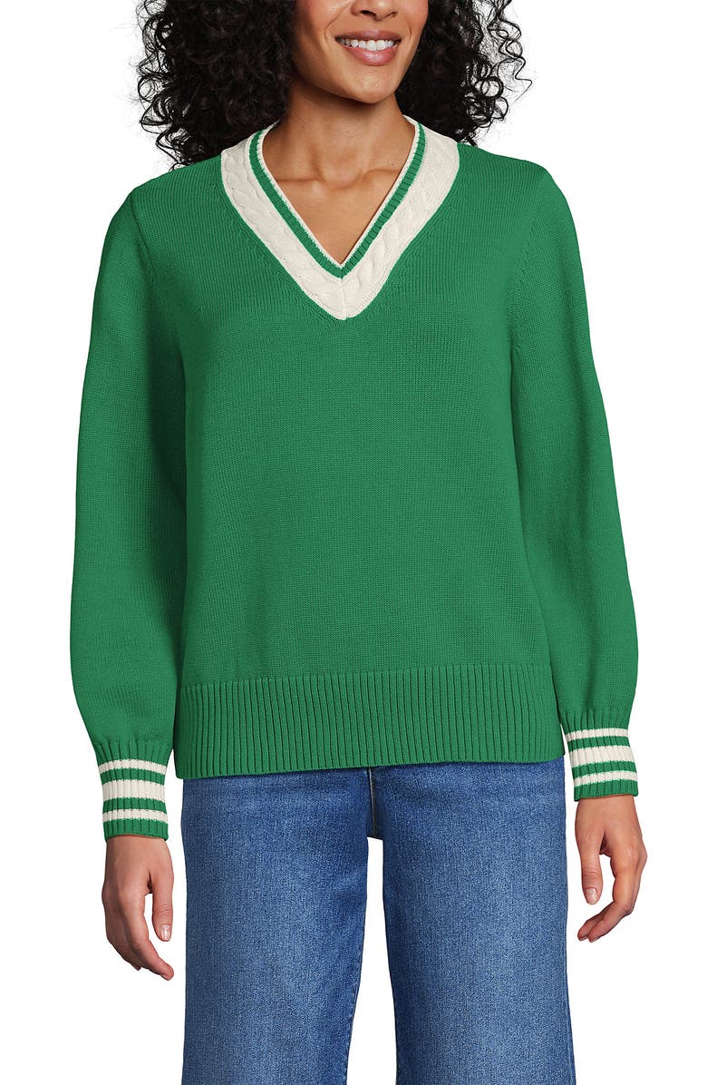 Lands' End Drifter Set in Sleeve Vneck Sweater, Main, color, Vibrant Clover/Ivory Tipping