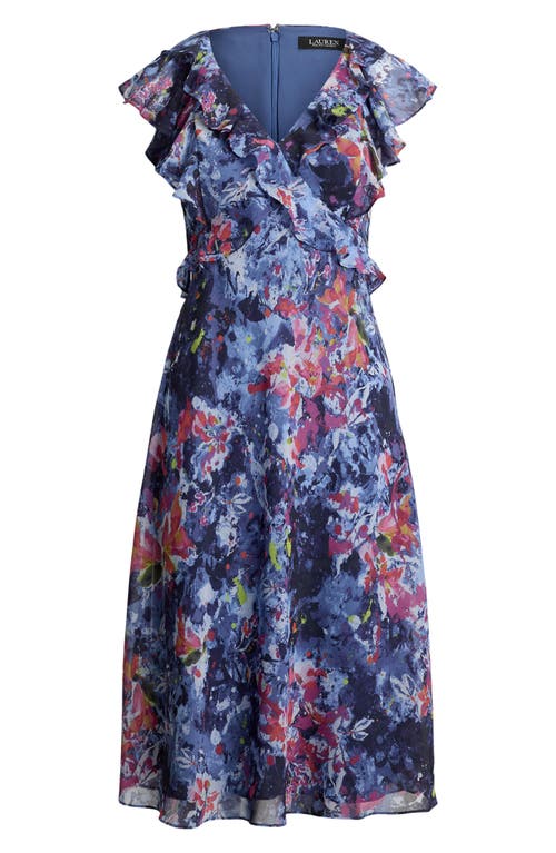 Ralph Lauren Petite Print Ruffle-trim Georgette Midi Dress In Blue