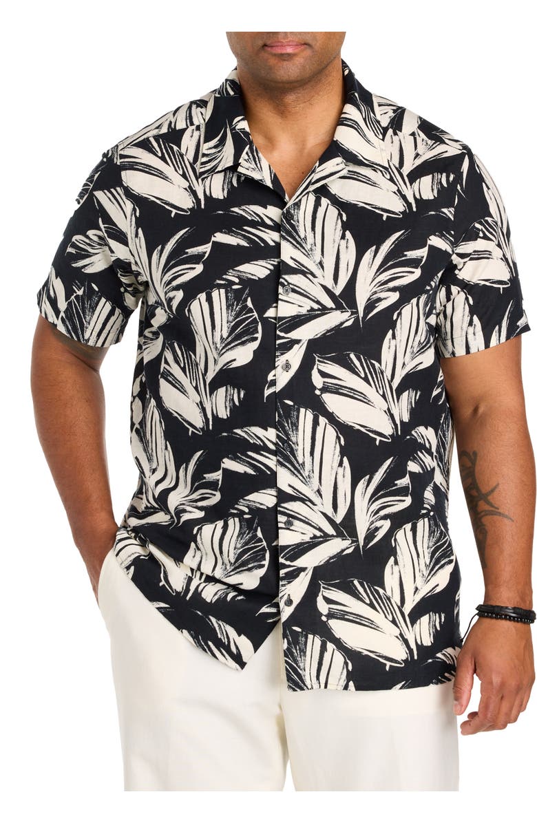 Perry Ellis Big & Tall Printed Leaf Camp Shirt, Main, color, Black