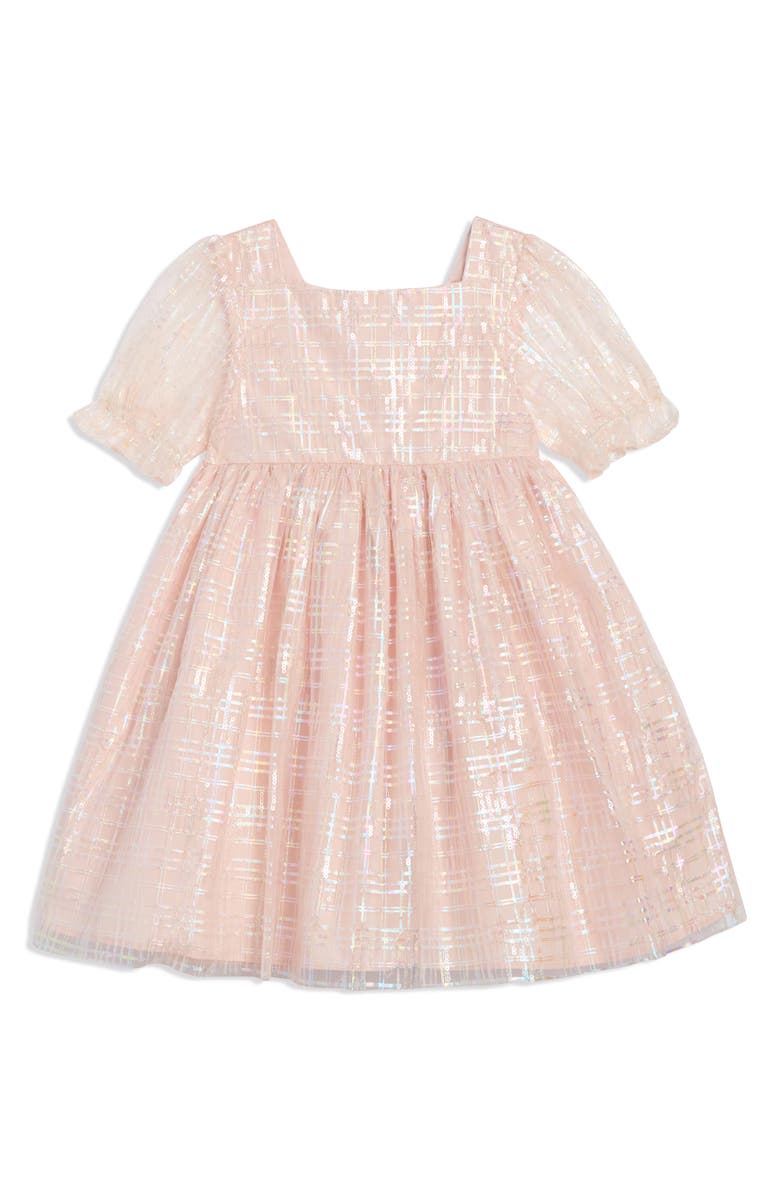 Pippa & Julie Kids' Elisa Metallic Plaid Puff Sleeve Party Dress, Main, color, Pink Sparkle Plaid