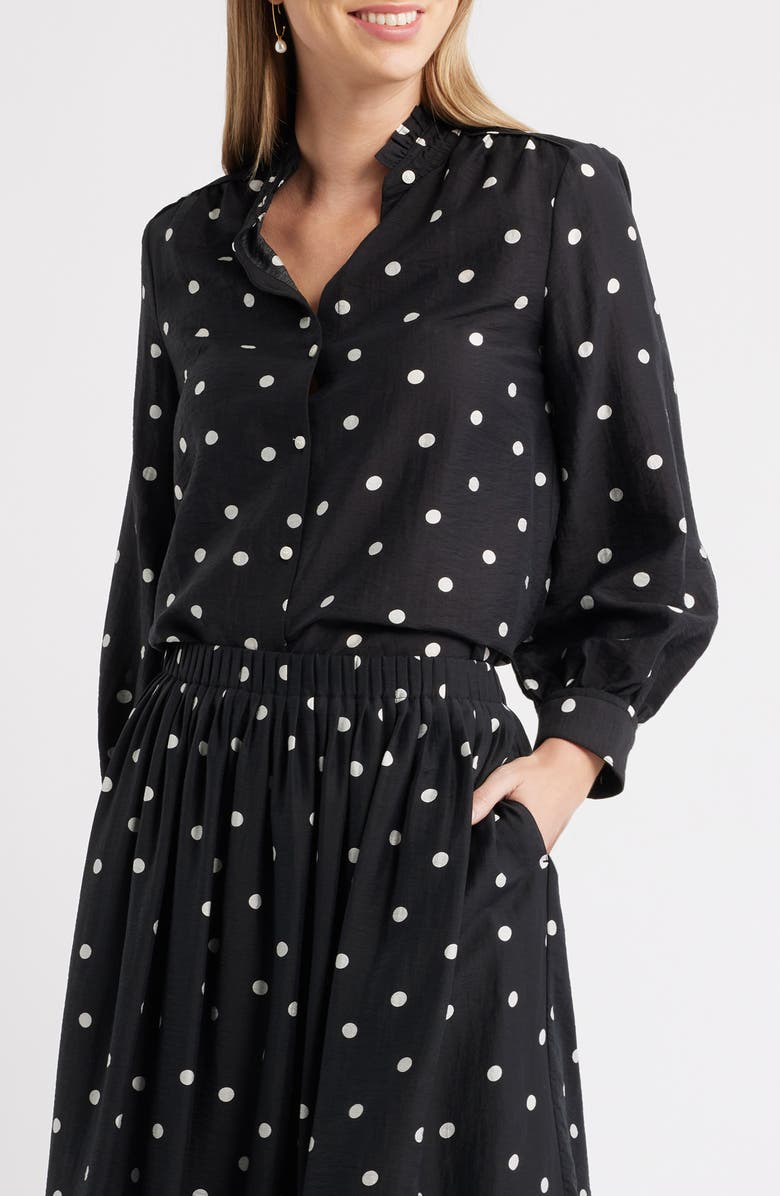 Caslon<sup>®</sup> Ruffle Button-Up Shirt, Main, color, Black- Ivory Disorderly Dot