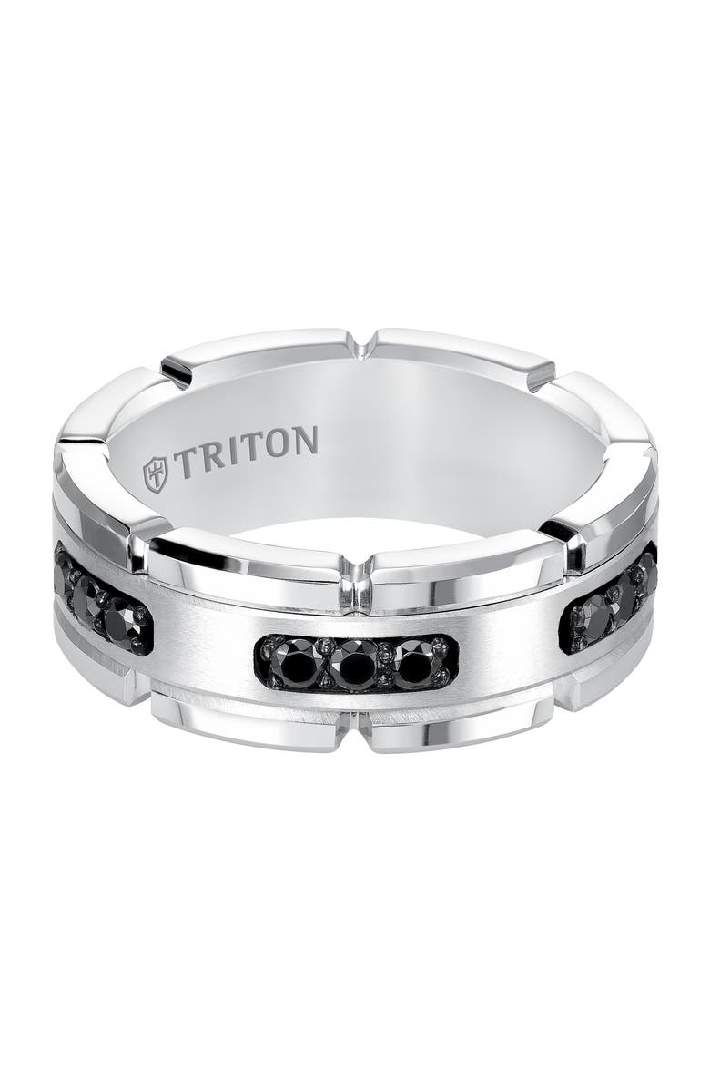 Triton 8mm White Tungsten Carbide Link Edge Ring with Black Diamonds, Satin Finish, Alternate, color, Metallic Silver