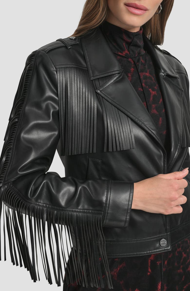 DKNY Fringe Faux Leather Jacket, Alternate, color, Black