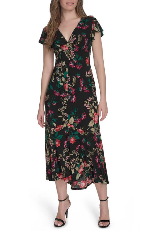 Flutter Sleeve Jersey Midi Dress