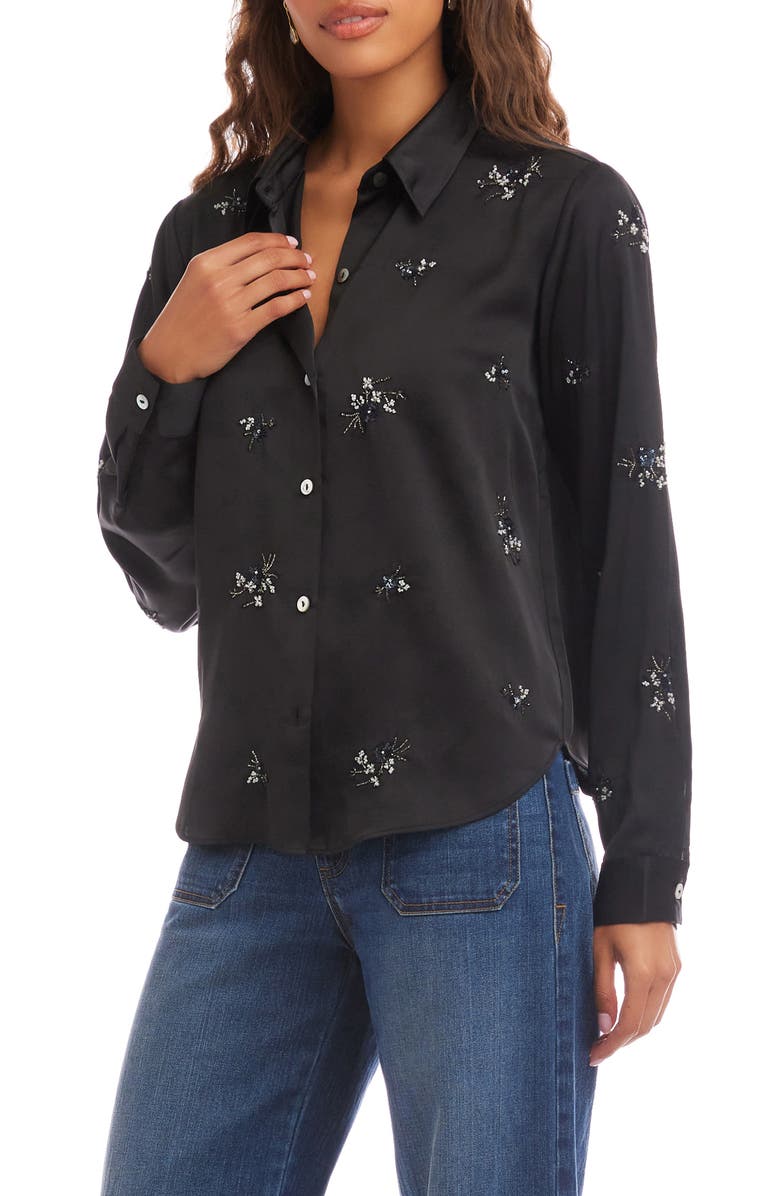 Karen Kane Floral Embellished Satin Button-Up Shirt, Alternate, color, Black