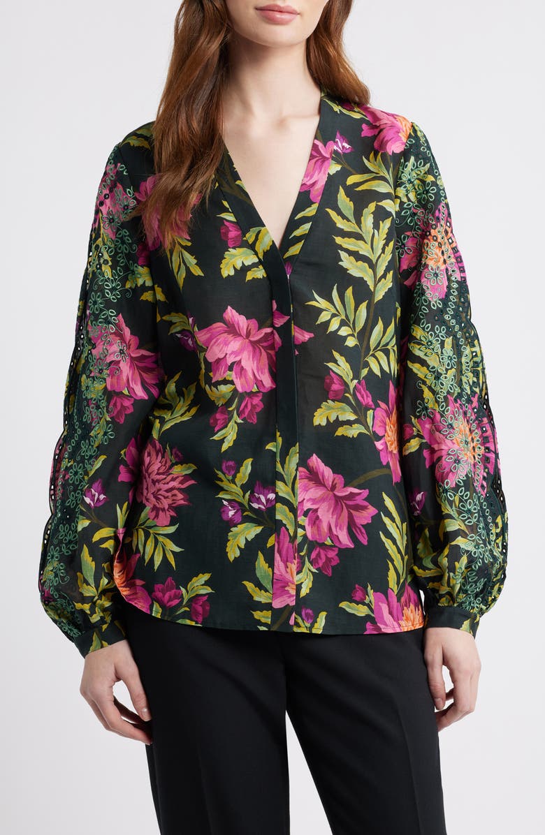 KOBI HALPERIN Kobu Halperin 'Martina' Cutout Sleeve Stretch Silk Blouse, Main, color, Black Multi