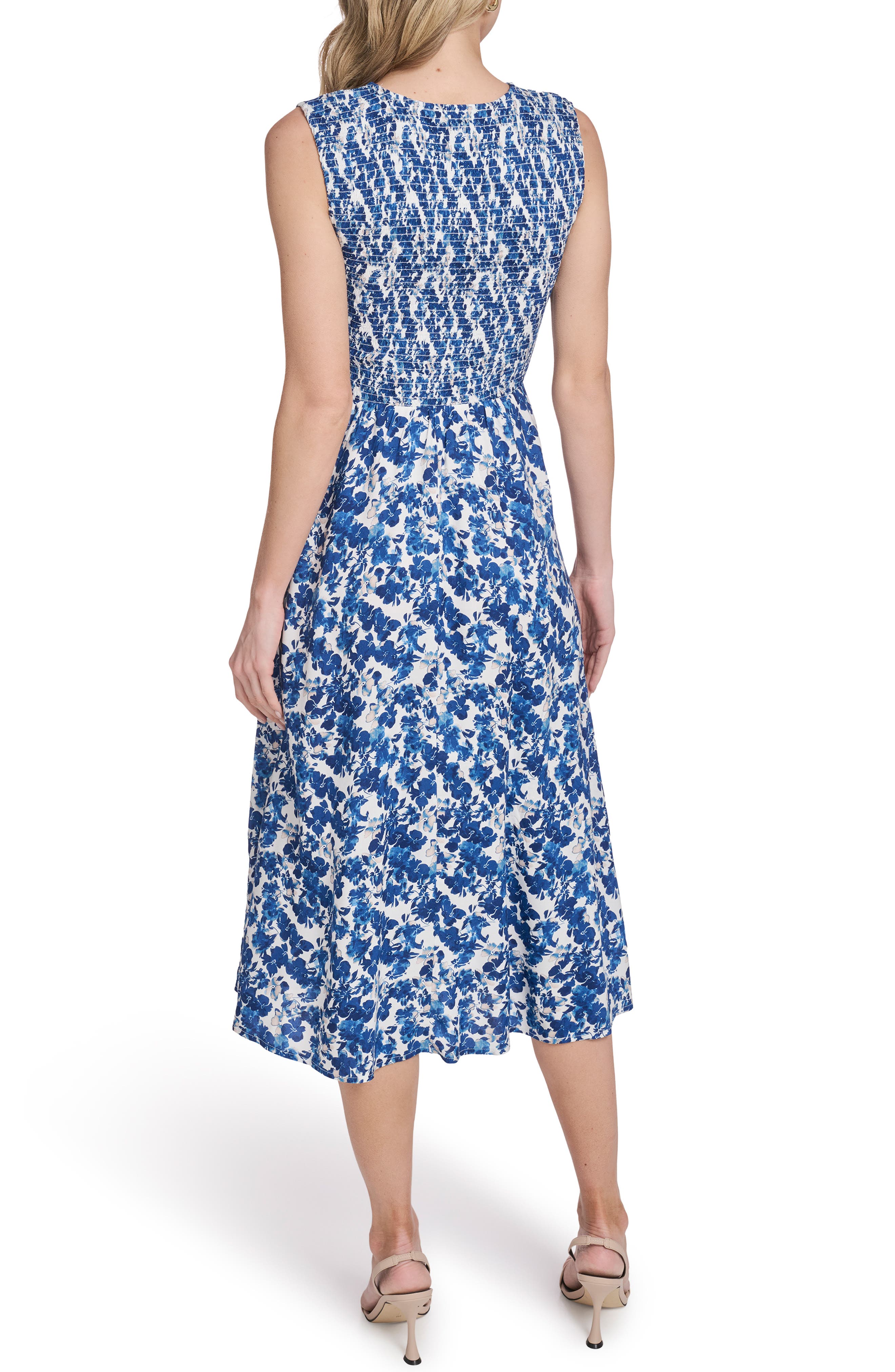 smocked printed sleeveless a line dress AK Anne Klein Women's Sleeveless Square Neck Smocked Printed A-Line Midi  Dress