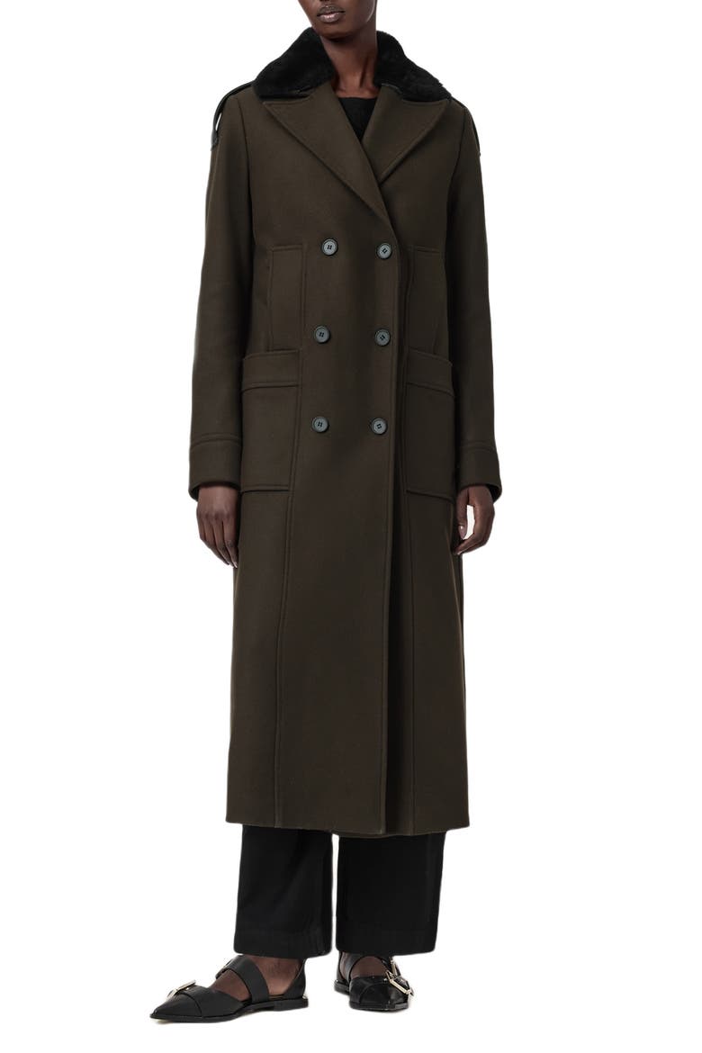 Millie Shearling Collar Wool Blend Long Coat, Main, color, KHAKI GREEN