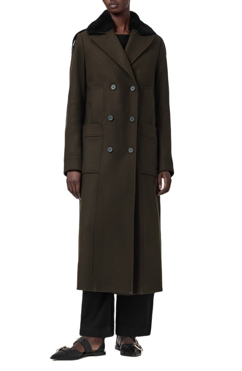 AllSaints Millie Shearling Collar Wool Blend Long Coat, Main, color, 