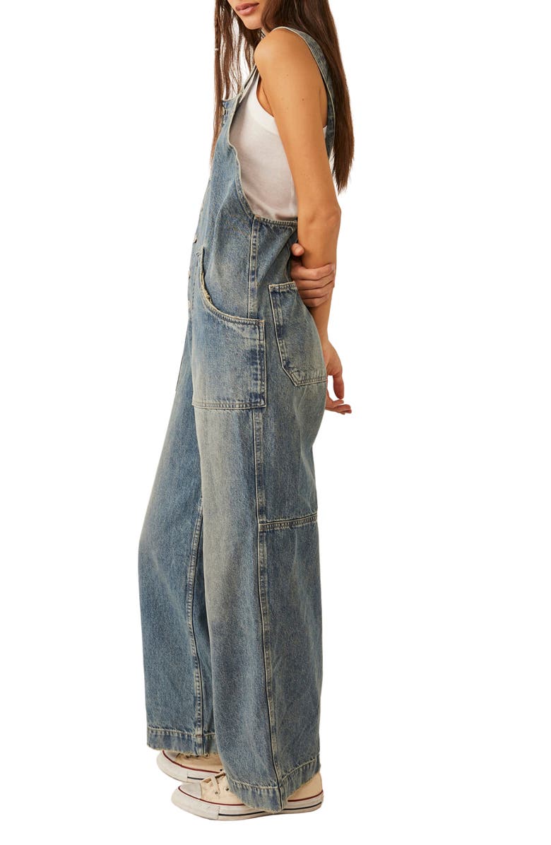 Free People Fields of Flowers Wide Leg Denim Overalls, Alternate, color,