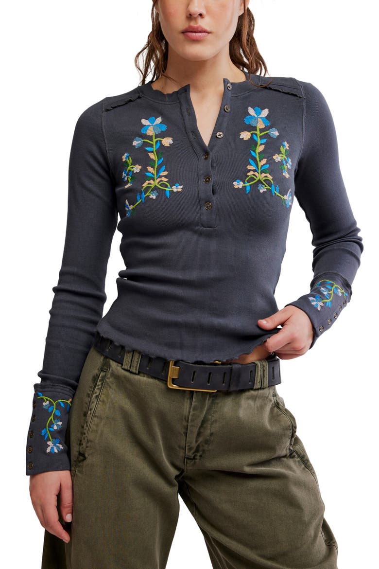 Fleur Embroidered Henley Top, Main, color, GRAPHITE COMBO