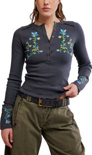 Free People Fleur Embroidered Henley Top