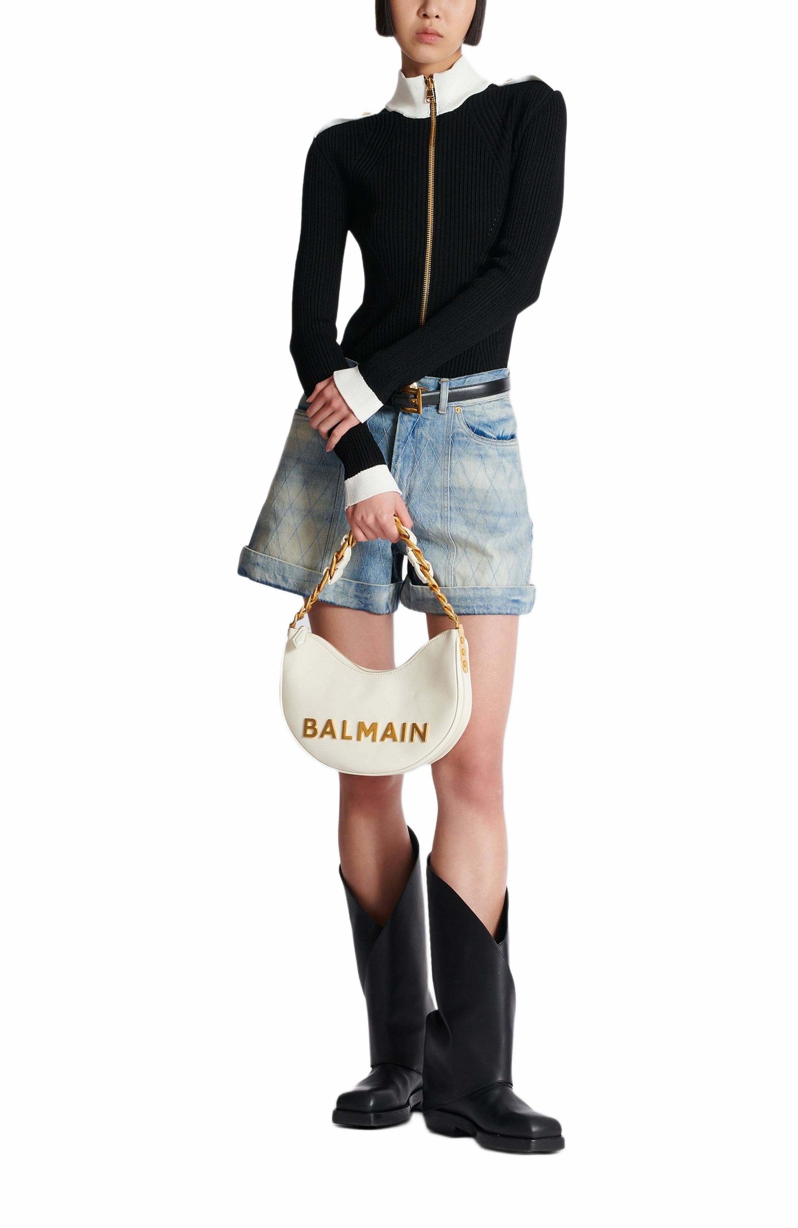 Balmain 1945 Soft Moon Crinkled Calfskin Leather Bag, Alternate, color, 