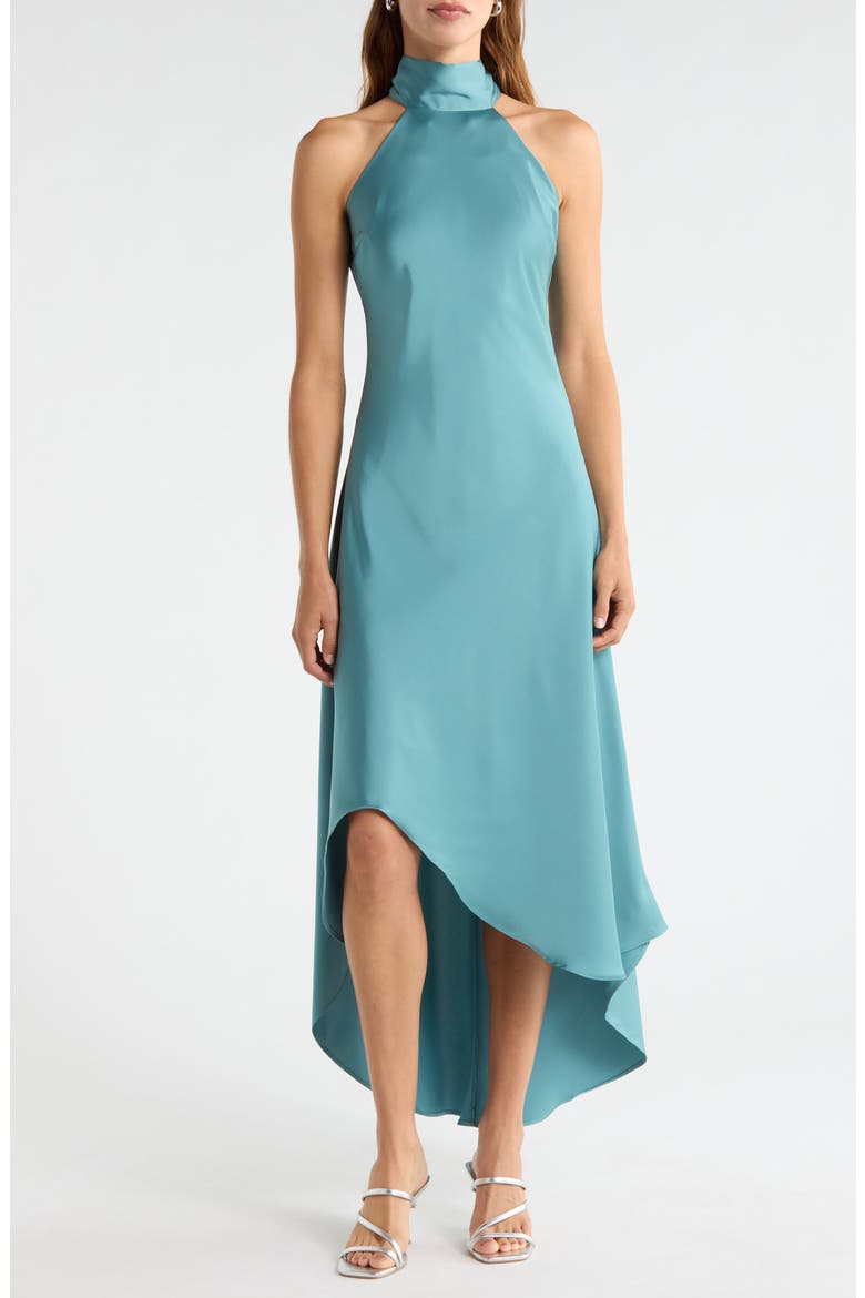 Tie Back Sleeveless High/Low Satin Gown, Main, color, PEACOCK TEAL