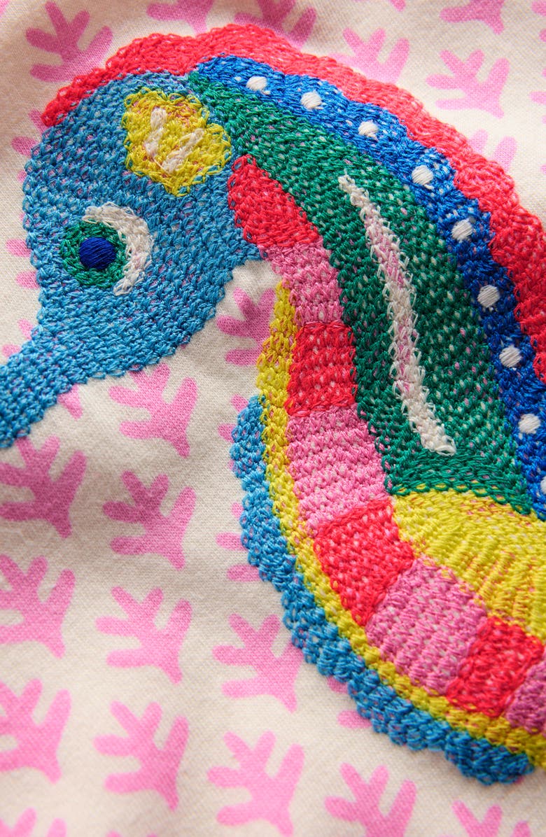 Mini Boden Kids' Superstitch Seahorse Embroidered Cotton Graphic T-Shirt, Alternate, color, Pink Woodblock Seahorse