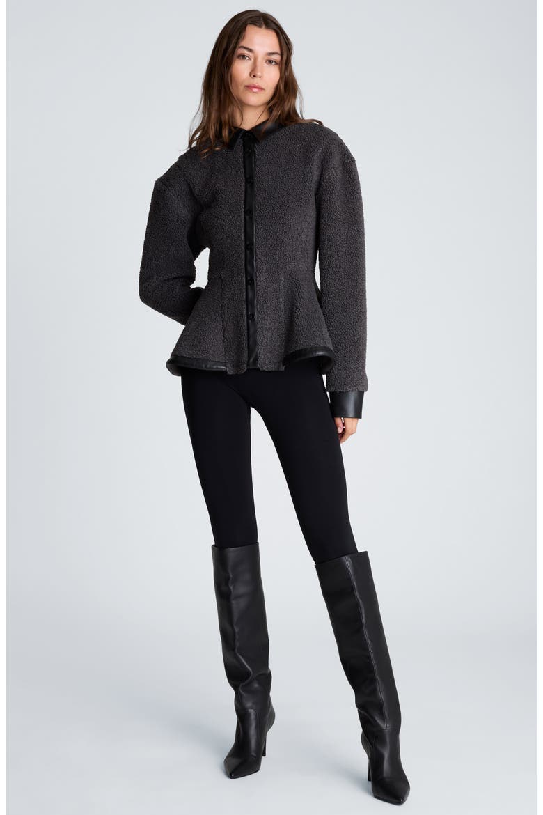 Faux Leather Trim Faux Fur Peplum Shirt, Alternate, color, SOLID GRAPHITE/ BLACK