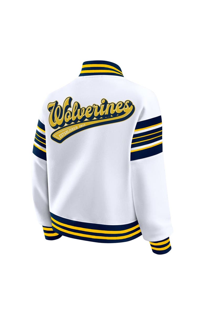 WEAR by Erin Andrews Women's WEAR by Erin Andrews White/Navy Michigan Wolverines Satin Stitch Full-Snap Fleece Sweatshirt Jacket, Alternate, color, White