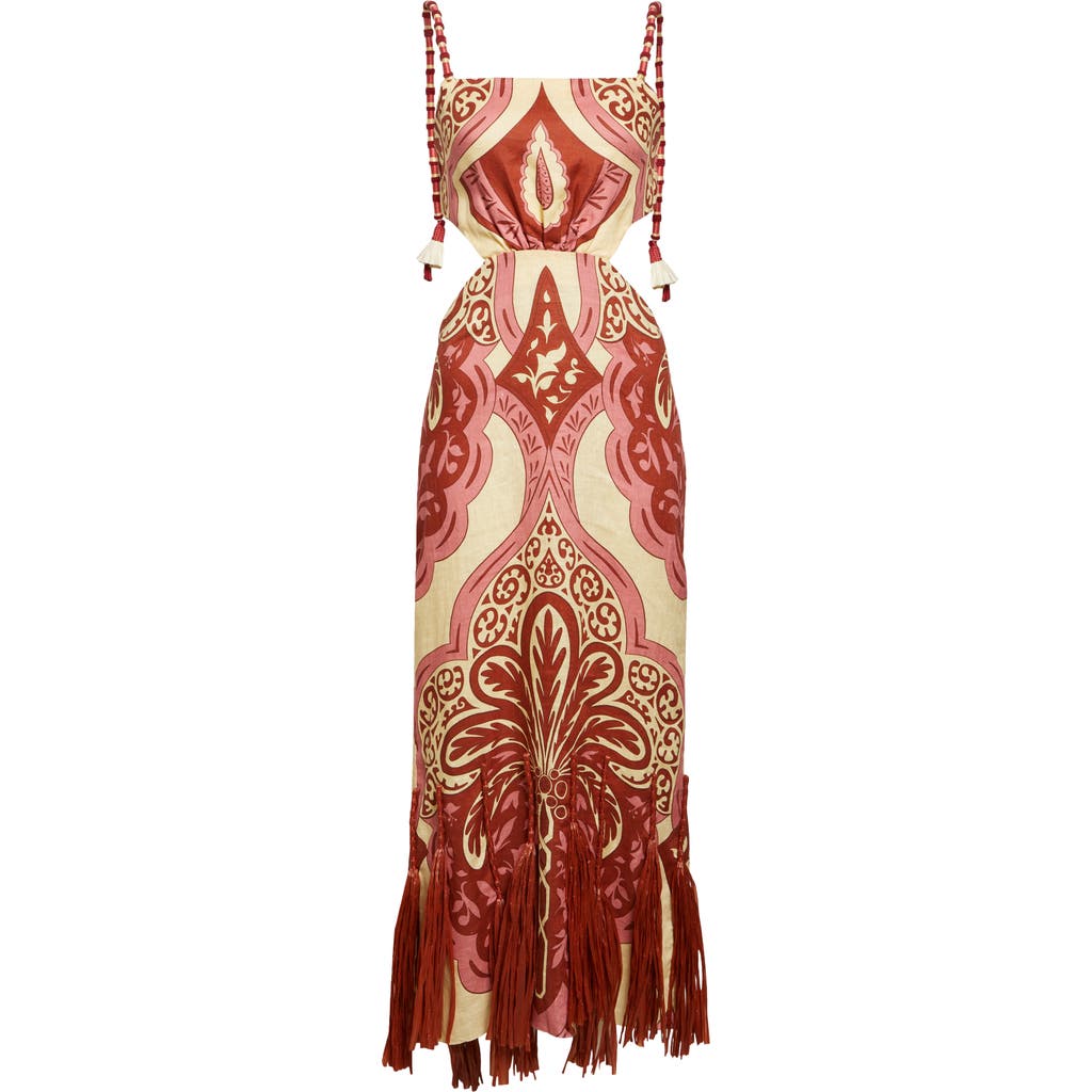 Shop Johanna Ortiz Counter Rhythm Cutout Fringe Trim Linen Maxi Dress