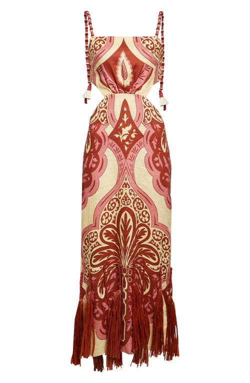 Johanna Ortiz Counter Rhythm Cutout Fringe Trim Linen Maxi Dress In Multi