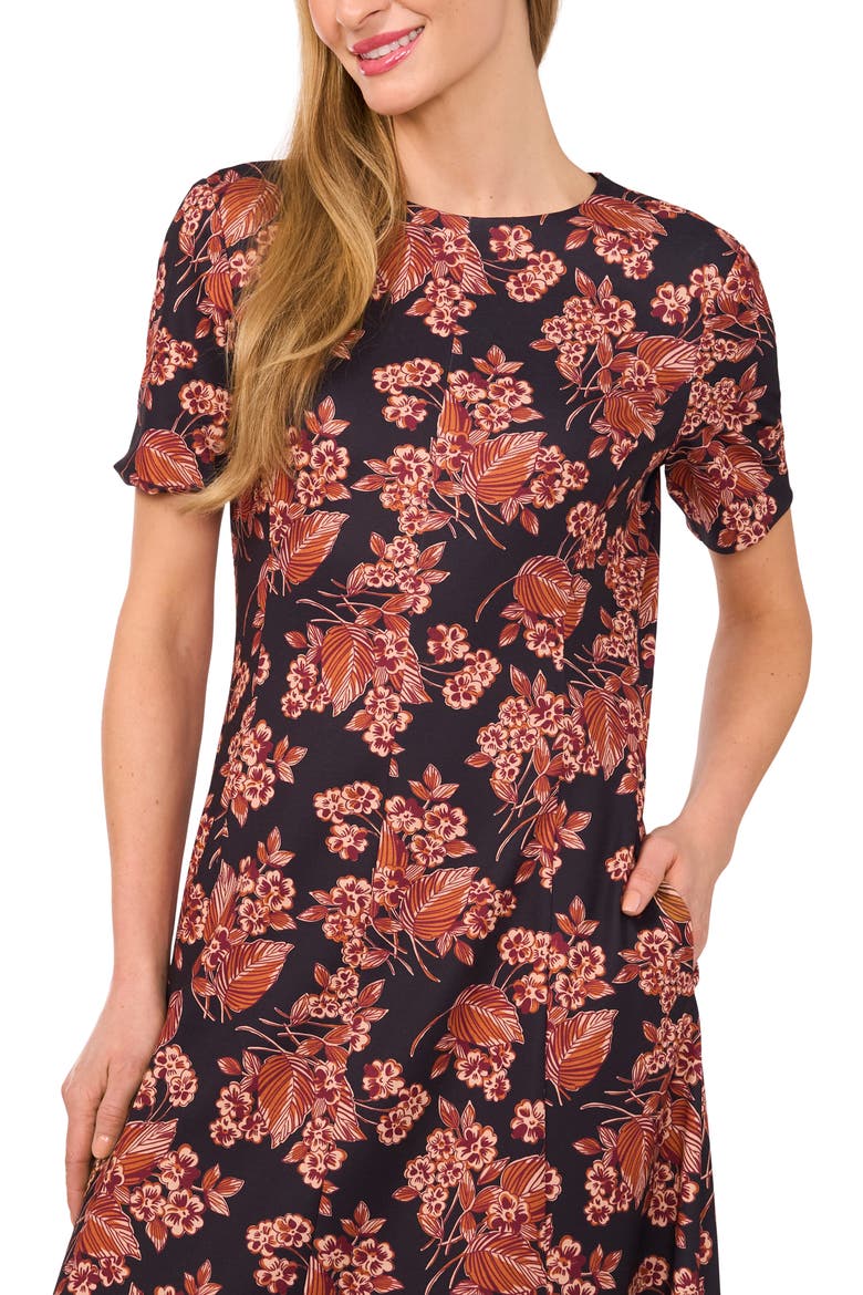 Floral Short Sleeve Ponte Midi Dress, Alternate, color, LEATHER BROWN