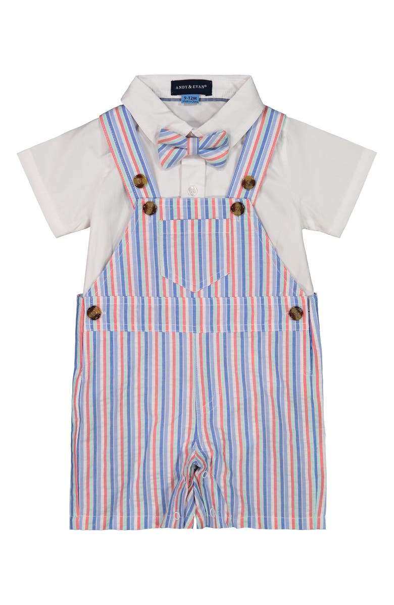 Andy & Evan Stripe Seersucker Short Overalls, Collared Bodysuit & Bow Tie Set, Main, color, 