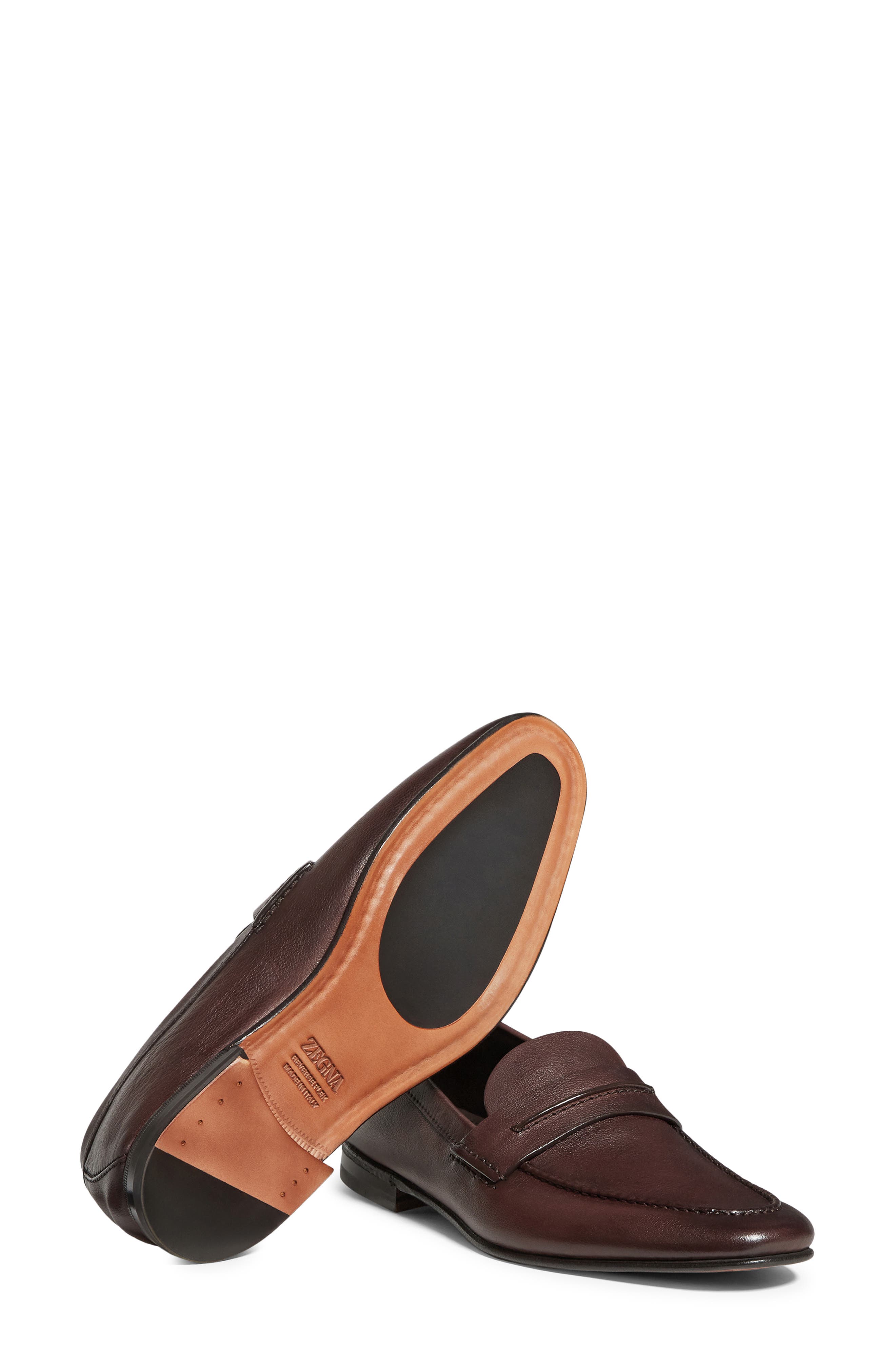 ZEGNA Light Brown Natural Grain Leather Loafer, Alternate, color, Medium Brown Solid