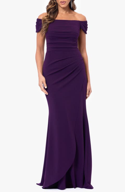 Ruched Off the Shoulder Scuba Crepe Trumpet Gown