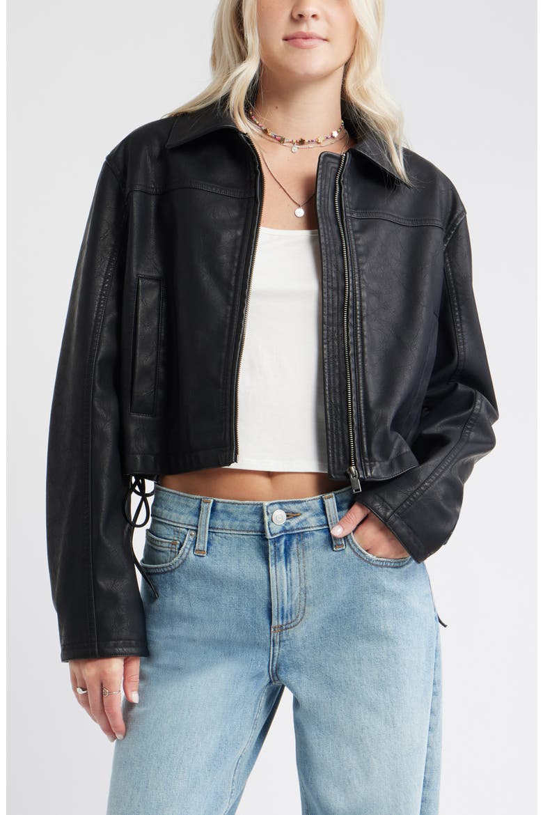 Side Tie Faux Leather Moto Jacket, Main, color, BLACK