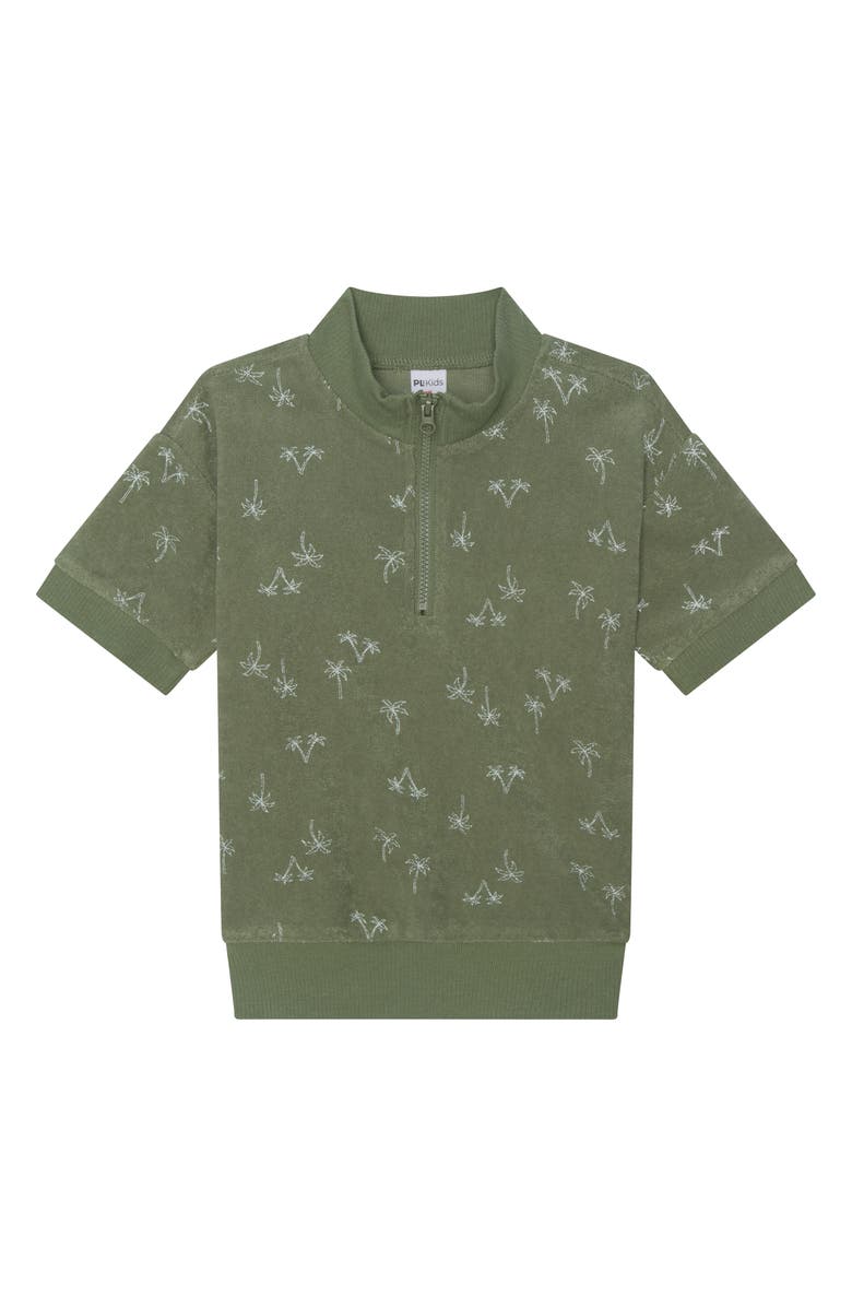 Petit Lem Kids' Towel Terry Quarter Zip Shirt, Shorts & Baseball Cap Set, Alternate, color, Green