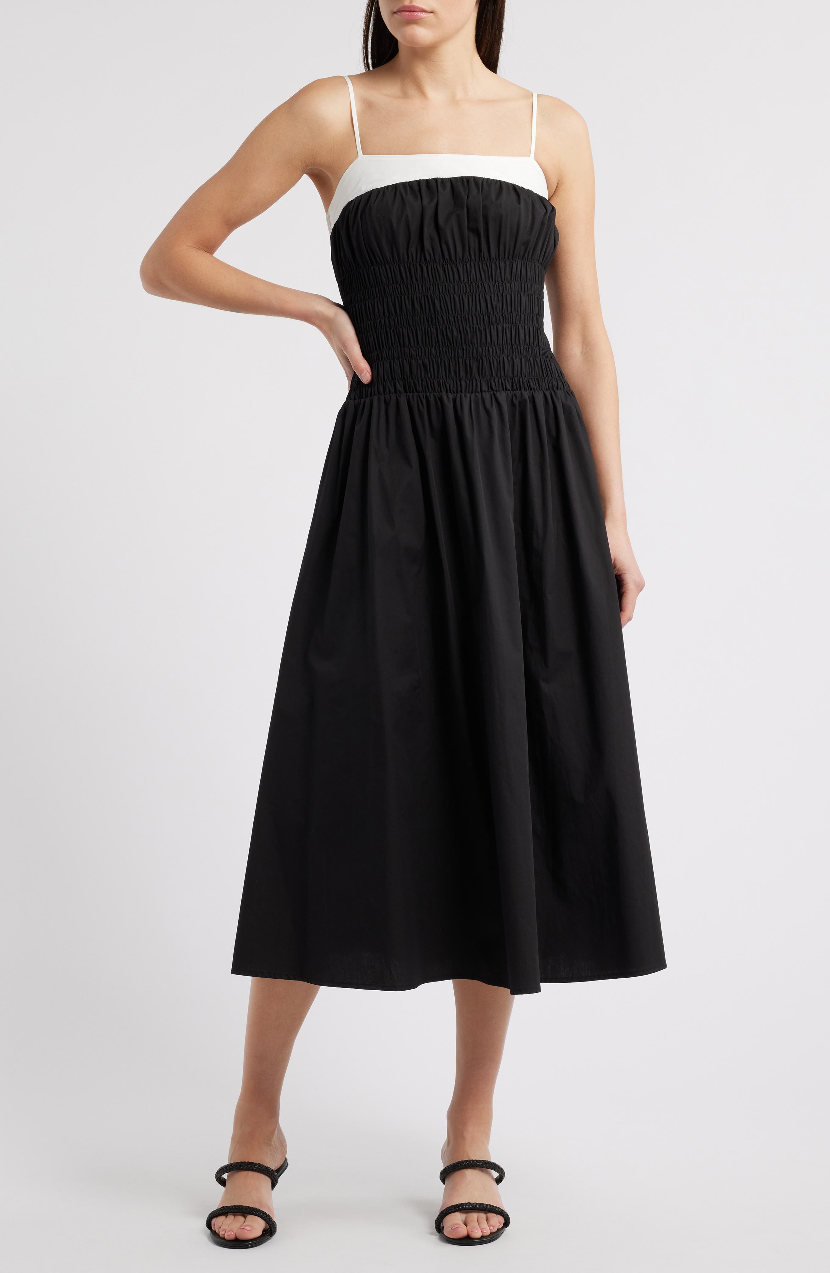 MOON RIVER Smocked Cotton Poplin Midi Sundress