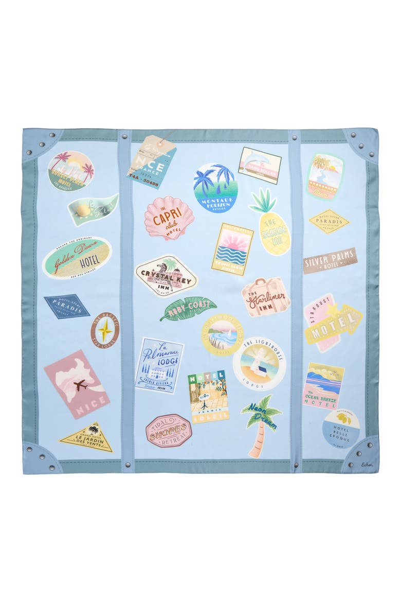 Travel Stickers Silk Square Scarf, Alternate, color, BLUE SHADOW