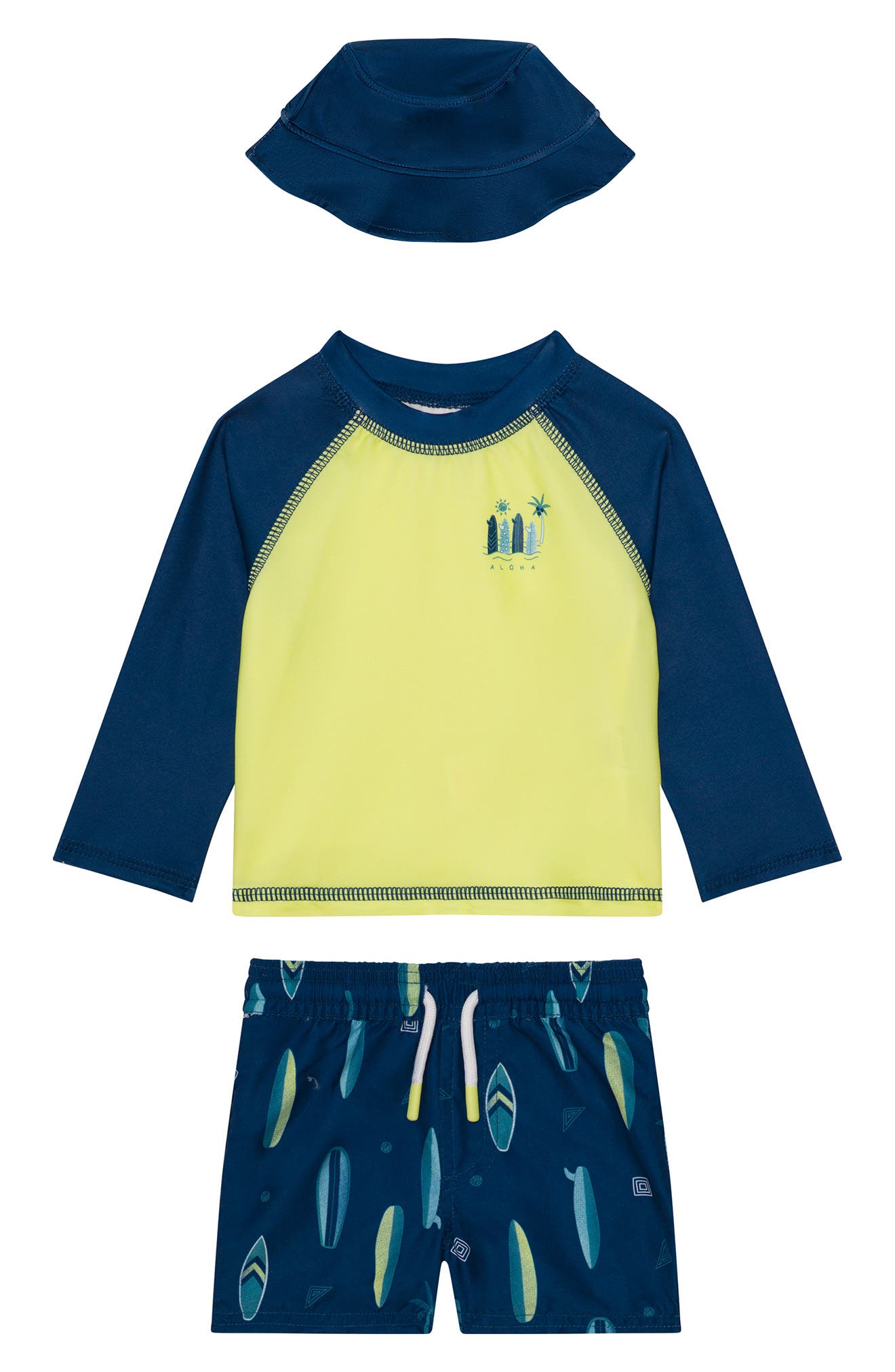 PL Baby by Petit Lem Long Sleeve Rashguard, Swim Trunks & Sun Hat Set