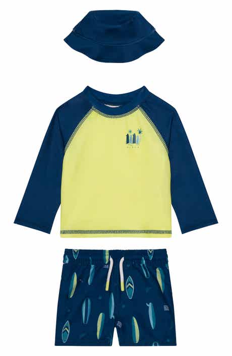 PL Baby by Petit Lem Long Sleeve Rashguard, Swim Trunks & Sun Hat Set