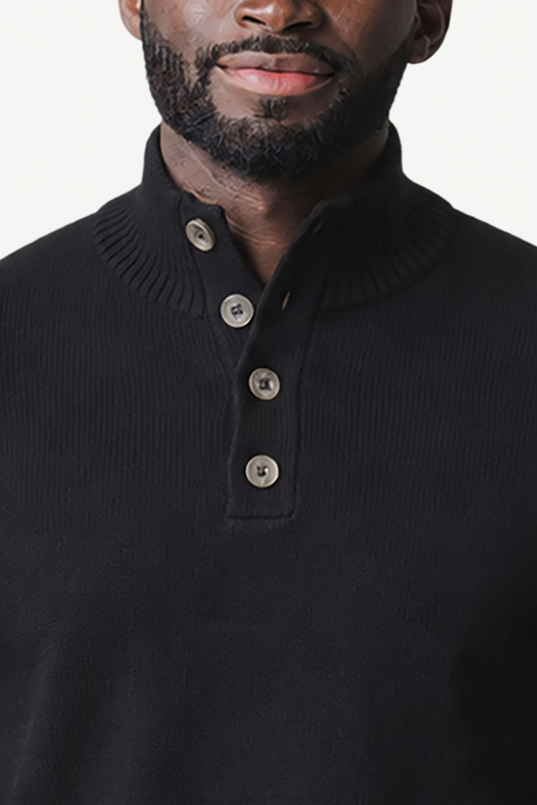 Men's Organic Cotton Mock Neck Button Placket Sweater, Alternate, color, Black and White