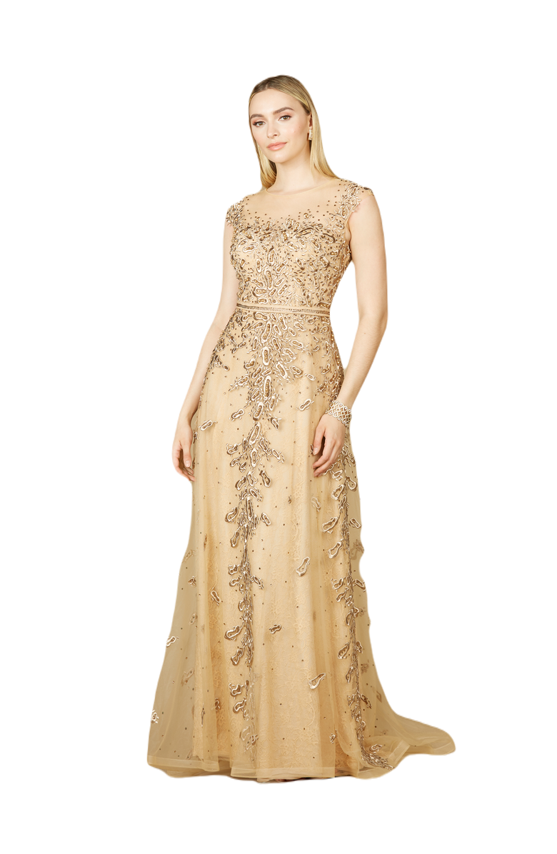 LARA New York Inspired Lace Gown with Cap Sleeves, Main, color, Gold