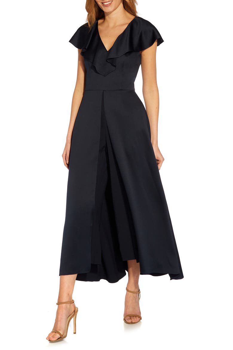 Ruffle Satin Crepe Wide Leg Maxi Romper, Main, color, DARK NAVY