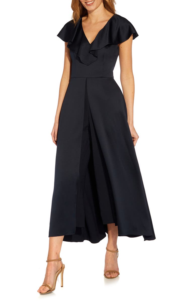 Adrianna Papell Ruffle Satin Crepe Wide Leg Maxi Romper, Main, color, 