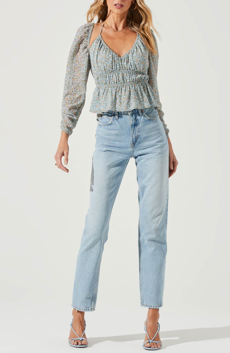 ASTR the Label Floral Shoulder Cutout Tie Neck Long Sleeve Top, Alternate, color,