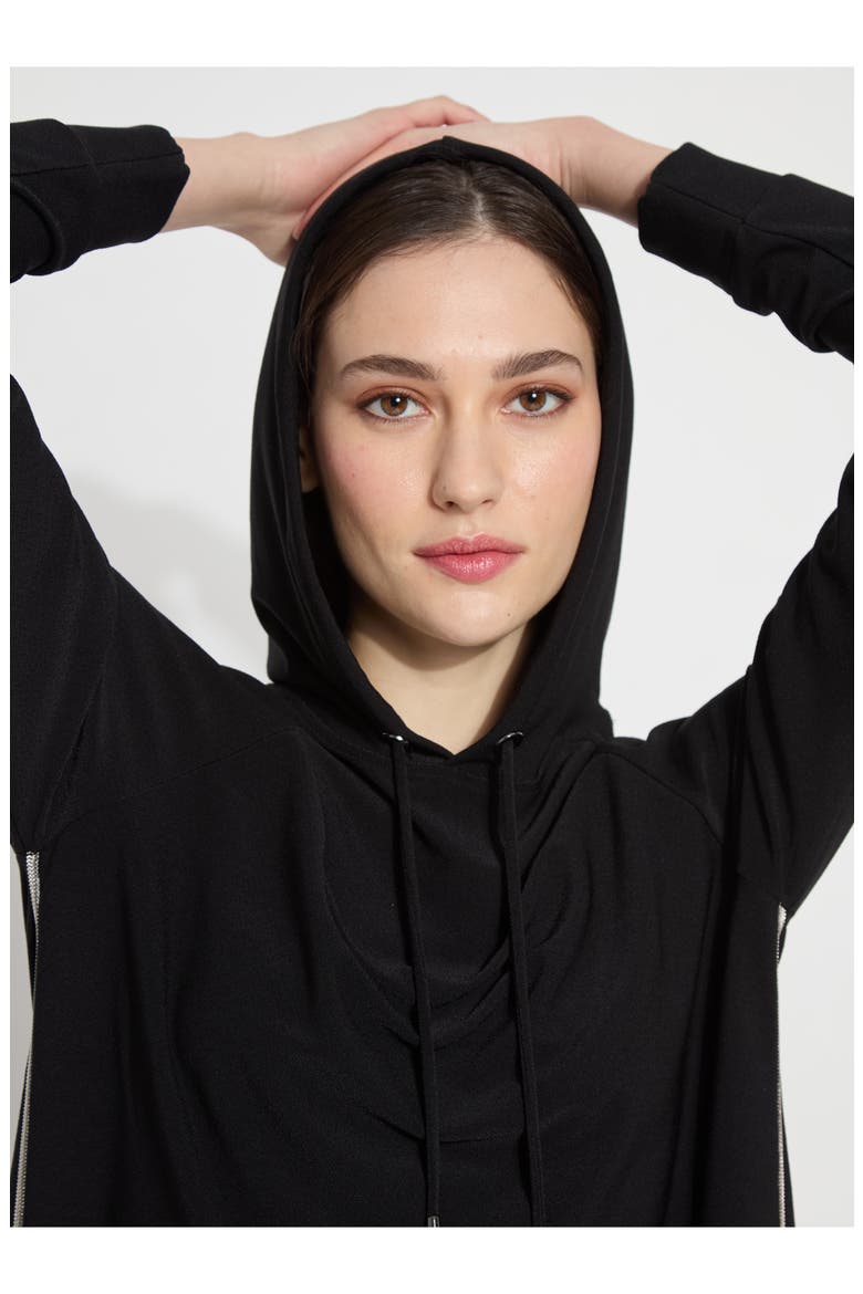 Julia Beaded Trim Stretch Crepe Hoodie, Alternate, color, BLACK