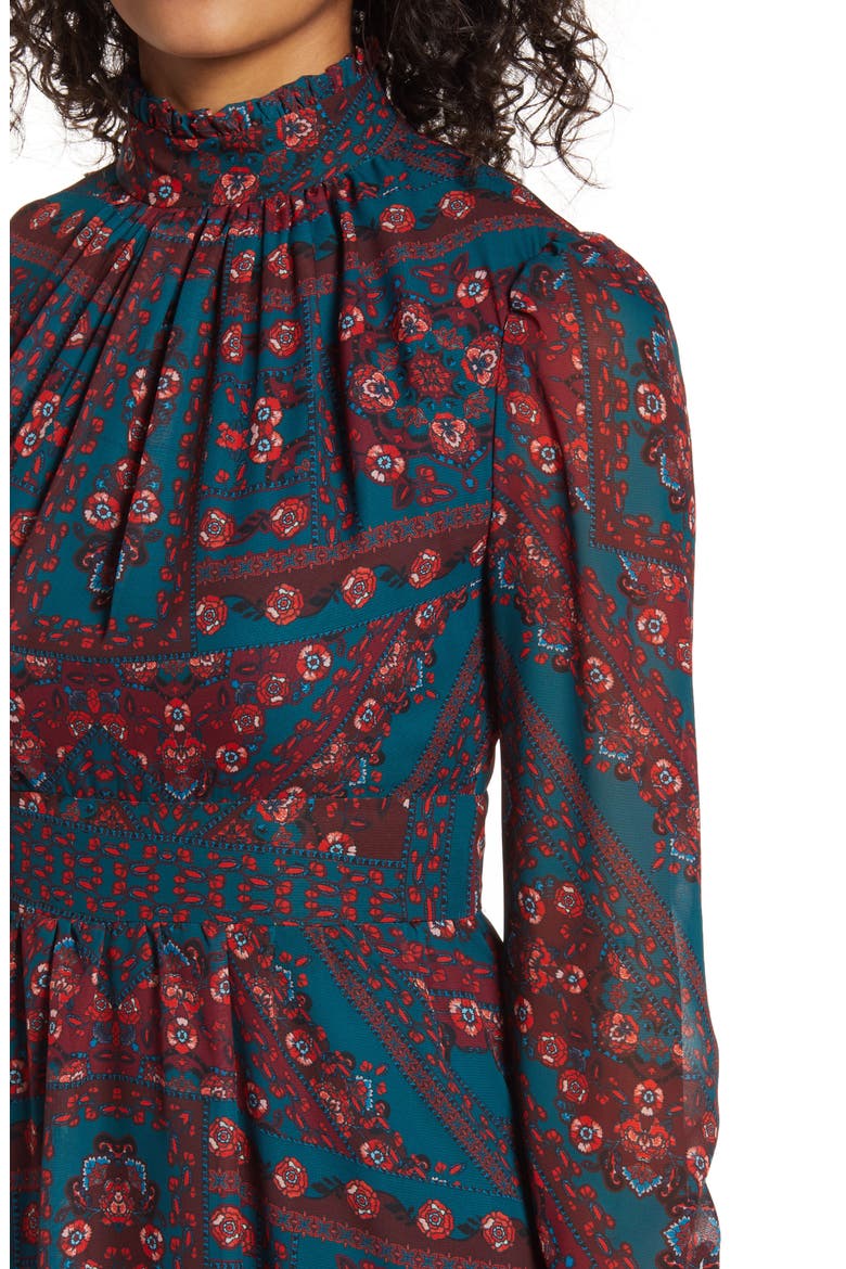 Tile Print Mock Neck Long Sleeve Midi Dress, Alternate, color, TEAL MULTI