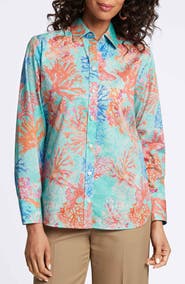 Foxcroft Meghan Coral Print Cotton Button-Up Shirt