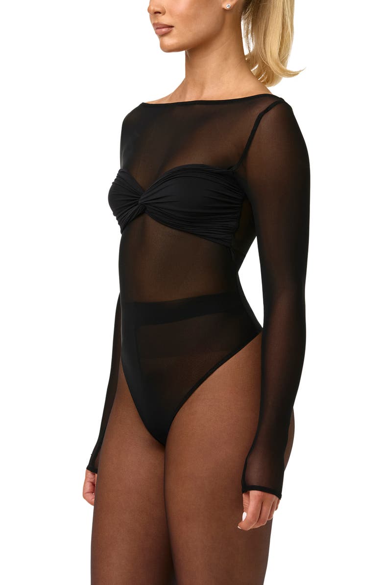 Naked Wardrobe Long Sleeve Mesh Bodysuit, Alternate, color, Black